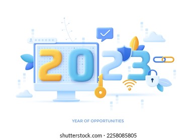 2023 year of online communication opportunities concept composition with 3d elements. Technology for business and work. Corporate computing. Vector illustration for promotion banners and posters