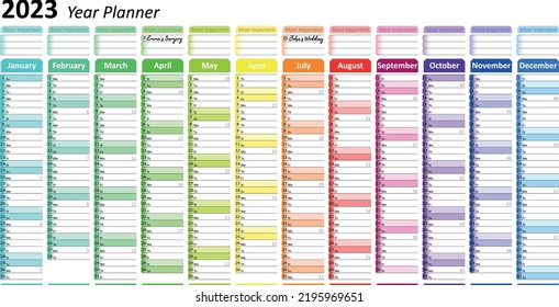 2023 Year Planner - Wall Planner
Colorful modern annual calendar for 2023.
Vector illustration. Printable one page. Easy readability.
New feature to the annual planner: 