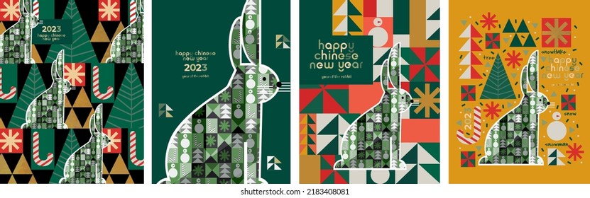 2023 is the year of the rabbit according to the Chinese calendar. Vector abstract illustrations of a rabbit, new year, Christmas tree, gifts, holiday objects. Drawings for poster, card or background