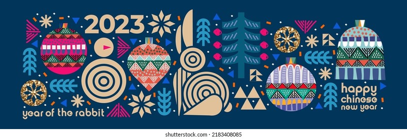 2023 is the year of the rabbit according to the Chinese calendar. Vector abstract illustrations of a rabbit, new year, Christmas tree, gifts, holiday objects. Drawings for poster, card or background