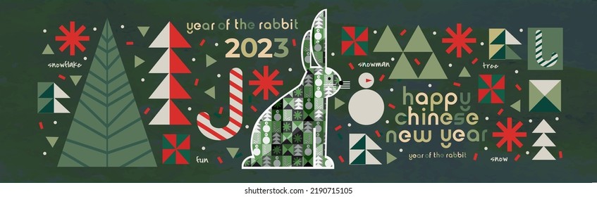 2023 is the year the rabbit according to the Chinese calendar  Vector abstract illustrations rabbit  new year  Christmas tree  gifts  holiday objects  Drawings for poster  card background