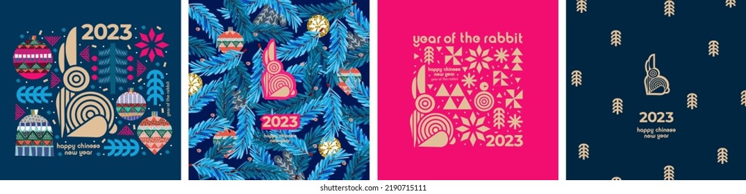 2023 is the year the rabbit according to the Chinese calendar  Vector abstract illustrations rabbit  new year  Christmas tree  gifts  holiday objects  Drawings for poster  card background