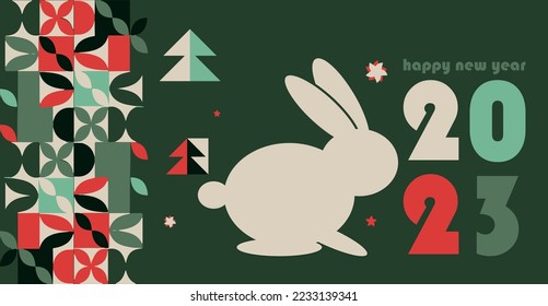 2023 is the year of the rabbit according to the Chinese calendar. Vector abstract illustrations of a rabbit, new year, Christmas tree.