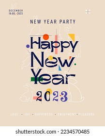 2023 the year of the rabbit according to the Chinese calendar. Christmas illustration of a rabbit, New Year. Design gifts, holiday objects. Drawings for poster, card or background. Vector illustration