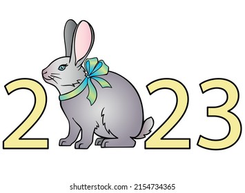 2023 year of the rabbit according to the eastern horoscope - vector full-color inscription with a rabbit. New Year 2023. Symbol of the year