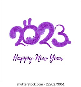 2023 año del conejo según el horóscopo oriental - inscripción fluffy vectorial con orejas y cola de conejo. Año Nuevo 2023, símbolo del año.