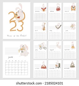 2023 year of the rabbit calendar template design. Symbol of the year in the Chinese horoscope. Planner for new year. Set for 12 months. Vector A4 card, cartoon flat style hand drawn illustration