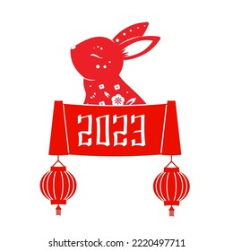 2023 year of the rabbit. Chinese new year banner design in minimal style with Decorated rabbit zodiac lunar animal scroll and chinese lanterns