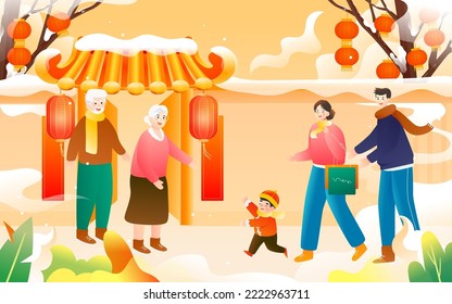 2023 Year of the Rabbit Chinese New Year family reunion, with buildings and snow in the background, vector illustration, Chinese translation: Happy Rabbit Year