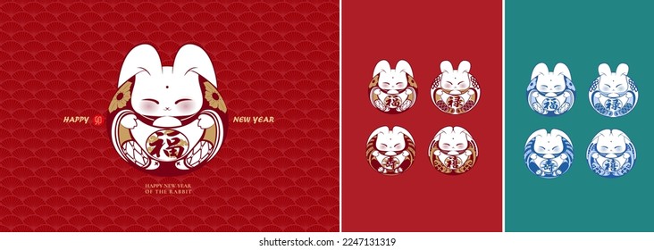 2023 Year of the Rabbit Chinese New Year festive poster design with asian elements, good luck rabbit, can be used for banner, card, packaging. Text: Good Luck and Fortune