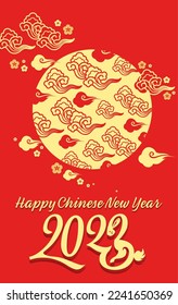 2023 year of the rabbit Chinese zodiac symbol on red banner background, foreign text translation as happy new year