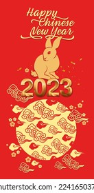 2023 year of the rabbit Chinese zodiac symbol on red banner background, luxury gold 2023 number