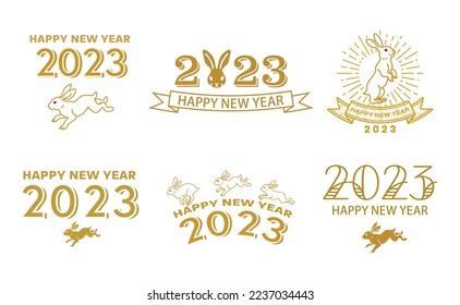 2023 Year of the rabbit clip art set, Golden color - Greeting word "Happy new year"