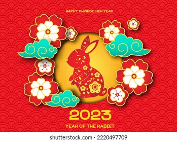 2023 year of rabbit. Colorful Chinese new year banner with decorated rabbit hare animal lunar symbol, clouds and flowers. Translation mean Happy New year. Paper cut style festive design