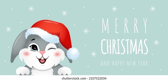 2023 year of rabbit. Cute christmas bunny in santa hat. Chinese New Year symbol. Festive greeting card. Vector illustration isolated on white background.