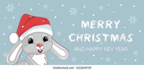 2023 year of rabbit. Cute christmas bunny in santa hat. Chinese New Year symbol. Festive greeting card.