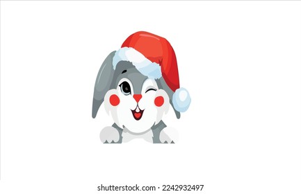 2023 year of rabbit. Cute christmas bunny in santa hat. Chinese New Year symbol. Festive greeting card.