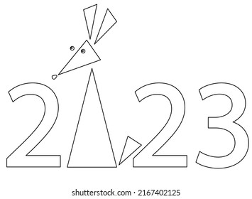 2023 año del conejo, fecha y conejo estilizado de triángulos - inscripción lineal vectorial para colorear. Esquema. 2023 año del conejo según el horóscopo oriental - elemento para colorear 