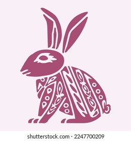 2023 year of the rabbit easter bunny vector doodle. Viva magenta cute animal block print. 