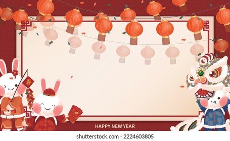 2023 Year of the Rabbit frame with strings of lanterns hanging on it, and rabbits in traditional clothes performing lion dances, setting off firecrackers and giving out red envelopes