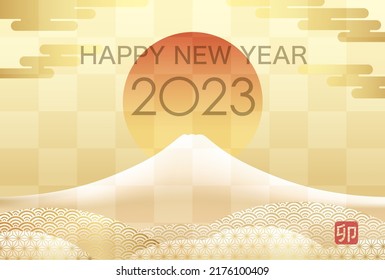 2023, El Año Del Conejo, Plantilla De Tarjeta De Saludo Con Moneda Dorada Cubierta De Nieve. Fuji Decorada Con Patrón Vintage Japonés.