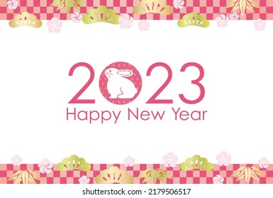 2023, The Year Of The Rabbit, Greeting Card Template Decorated With Japanese Auspicious Charms And Patterns.