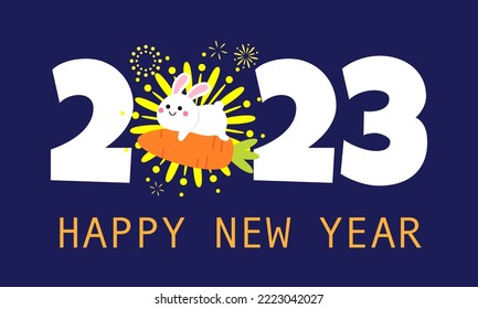 2023 year of the rabbit greeting card, Happy new year banner,cute rabbit on carrot rocket cartoon illustration