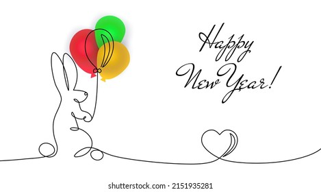 2023 year of rabbit Happy chinese New Year zodiac symbol Christmas Festive greeting card Vector illustration isolated white background One line contour silhouette hare