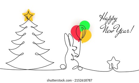 2023 year of rabbit Happy chinese New Year zodiac symbol Festive greeting card Vector illustration isolated white background One line contour silhouette hare, balloons in one solid continuous line