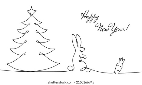 2023 year of rabbit Happy chinese New Year zodiac symbol Christmas Festive greeting card Vector illustration isolated white background One line contour silhouette hare, balloons one solid continuous