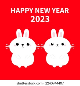 2023. The year of the rabbit. Happy Chinese New Year. Two bunny love couple set. Cute cartoon kawaii funny baby character. Farm animal collection. Red background. Greeting card. Flat design. Vector