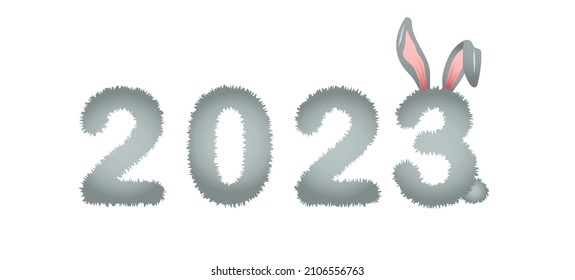 2023 year of rabbit. Large numbers with cute bunny ears. Chinese New Year symbol. Festive greeting card. Vector illustration isolated on white background.