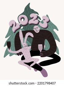 2023. Year of rabbit. Man and rabbit hugging and drinking wine near fir trees. Vector isolated illustration. Chinese New Year.