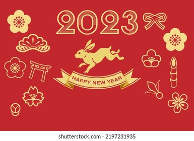 2023  Year of the rabbit New year card design - Leaping rabbit and Japanese traditional icons