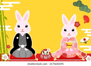 2023 Year of the Rabbit New Year greeting card, cute rabbit in kimono, pine, bamboo and plum trees, Japanese style background