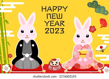 2023 Year of the Rabbit New Year greeting card, cute rabbit in kimono, pine, bamboo and plum trees, Japanese style background - Translation: Fortune