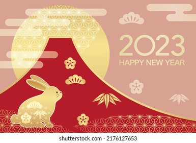 2023, Year of the Rabbit, New Year’s Greeting Card Vector Template With Mt. Fuji, Rising Sun, And A Vintage Rabbit Doll Decorated With Vintage Japanese Patterns.