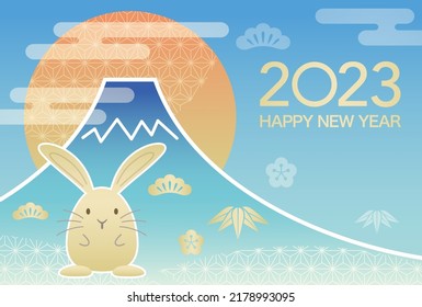 2023, Year of the Rabbit, New Year’s Greeting Card Vector Template With Mt. Fuji, Rising Sun, And A Rabbit Mascot.
