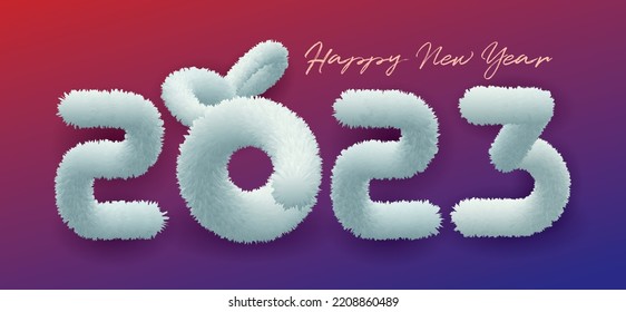 2023 year of the Rabbit. Symbol of white furry rabbit with 2023 calligraphic. Happy new year design element. 3D realistic shaggy fur typeface design.