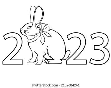 2023 year of the rabbit - vector linear inscription with a rabbit. Outline. New year of the rabbit according to the eastern horoscope. Chinese New Year - for coloring book