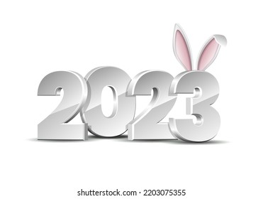 2023 year of rabbit. White numbers with cute bunny ears. Chinese New Year symbol on Festive greeting card. Vector illustration isolated on white background.