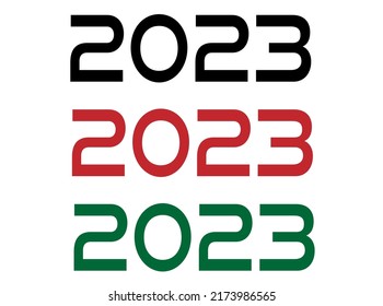 2023 year. Year set for comemoration in black, red and green. Vetor with background white.