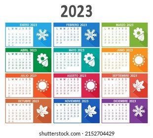 2023 year Spanish calendar. Week starts on Monday. Vector illustration