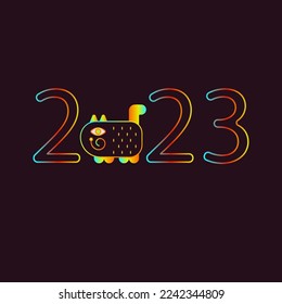 2023 year vector black motley, varicolored gradient cat cartoon illustration. Calendar animals. Poster cat lover. Psychedelic poster black background design. Calendar bright new year. Style 70s.