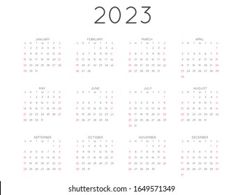 2023 Year Vector Calendar Minimal Style. Week starts on Sunday. Calendar layout template. Stationery  organizer reminder planner on 2023 year horizontal orientation. Vector Illustration