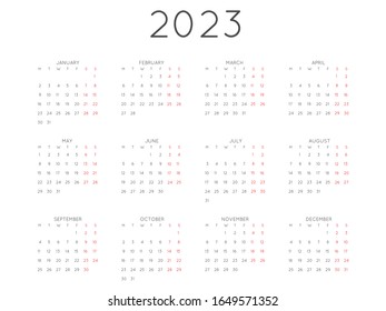 Estilo mínimo del calendario vectorial de 2023 años. La semana empieza el lunes. Plantilla de diseño de calendario. Planificador de recordatorios de organizador de estacionamientos en orientación horizontal de 2023 años.  Ilustración vectorial