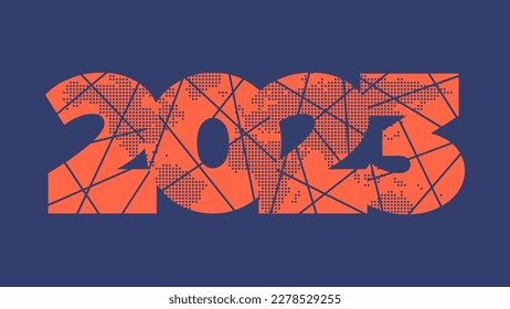 2023 year vector icon with lines and dotted world map. Element for global business, web design, infographic illustration, symbol, sign