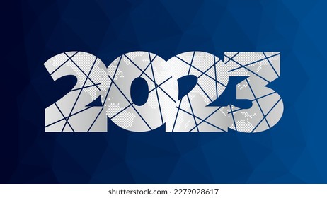 Icono vectorial de 2023 años con líneas y mapa mundial. Resumen del patrón azul triangular. Elemento para negocios, diseño web, ilustración infográfica