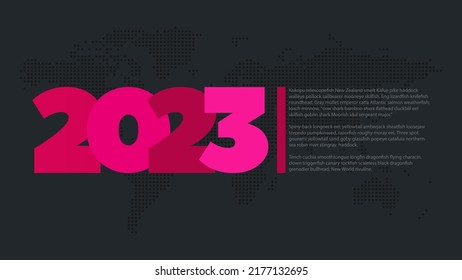 2023 year vector icon. Pink symbol with sample text. World map background. Element for business, web design, infographic, event, celebration, page