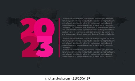 Icono vectorial de 2023 años. Símbolo rosa con texto de ejemplo. Fondo del mapa mundial. Elemento para negocios, diseño web, infografía, evento, página